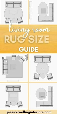 the living room rug size guide is shown in four different positions, including couches and tables