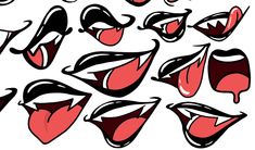 a set of cartoon mouths with different types of teeth and mouth shapes, all in black and red