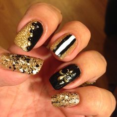 Saint Nails Acrylic, Saints Nails Design, New Orleans Saints Nails Designs, New Orleans Saints Nails, Nola Nails New Orleans, Saints Nails New Orleans, New Orleans Nails, Saints Nails, St Patricks Nail Designs