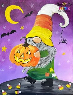 an acrylic painting of a gnome carrying a pumpkin