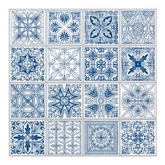 blue and white tiles with different designs on the sides, all arranged in square shapes