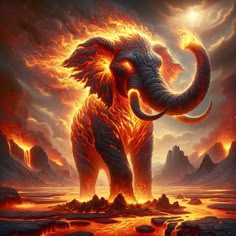 an elephant standing in the middle of a fire filled field with mountains and clouds behind it