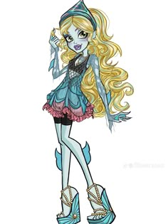 a drawing of a girl with long blonde hair and blue dress, wearing high heeled shoes