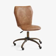 a brown leather office chair with wheels