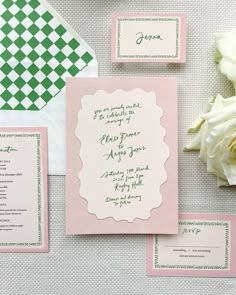 wedding stationery with pink and green accents