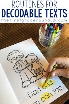 a child's hand holding a crayon marker over a book with the title, routine for decoable texts