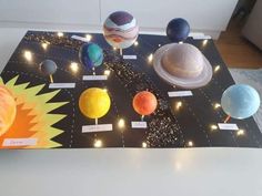 an image of solar system on display with lights in the dark space and planets around it