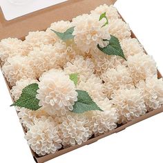 a box filled with lots of white flowers