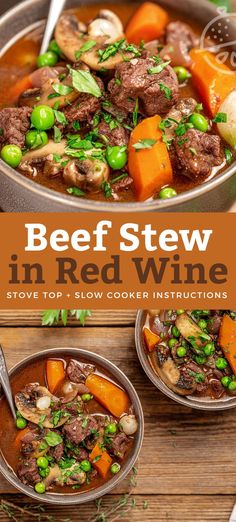 beef stew in red wine with peas, carrots and potatoes is shown on the cover