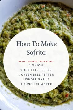 a white bowl filled with green pesto and labeled how to make sofito