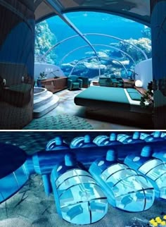 there are two pictures that show the inside of an aquarium and outside of a bedroom