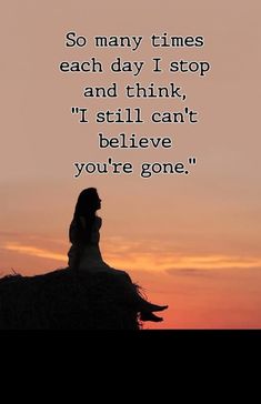 a woman sitting on top of a hay bale with the words so many times each day i stop and think, i still can't believe you're gone