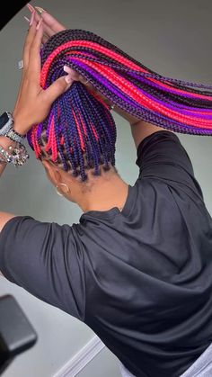 Colorful Cornrows Braids Black Women, Braids For Black Women Colorful, Neon Braids For Black Women, Purple And Honey Blonde Braids, Blue And Yellow Box Braids, Pink Green And Blue Peekaboo Braids, Cruella Deville Box Braids, Multi Color Braids For Black Women, 3 Color Combinations Braids