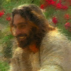 a man with long hair and beard standing in front of red flowered bushes, smiling