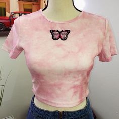 Pink Tie Dye Cropped Tshirt Butterfly Embroidery Brand New Women Shirt Designs, Women Tie, Tie Dye Crop Top, Butterfly Embroidery, Crop Top Tees, Crop Top Outfits, Short Sleeve Cropped Top, Tie Dye T Shirts, Black Crop Tops