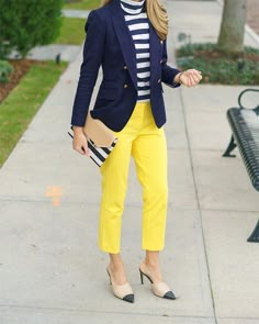 Yellow Pants Outfit Winter, What To Wear With Yellow Pants, Outfits With Yellow Pants, How To Style Yellow Pants, Navy And Yellow Outfits, Casual Colorful Outfits, Colorful Blazer Outfits, Striped Blazer Outfit, Yellow Jacket Outfit