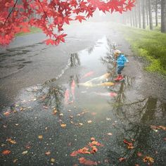 a young boy playing in the rain with his fish