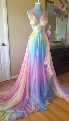 Disco Ball Dress Long, Whimsical Wedding Dress Fairies Fantasy, Aurora Borealis Dress, Coloured Wedding Dress Different, Whimsical Dress Formal, Rainbow Ball Gown, Unique Colored Wedding Dresses, Mystical Dresses, Fairy Tale Dresses