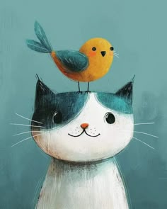 a painting of a cat with a bird on top of it's head,