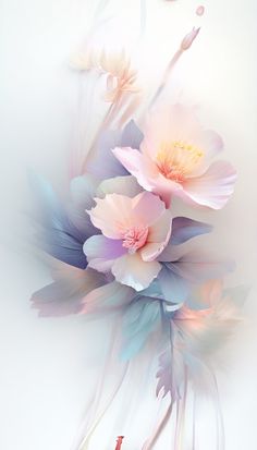 some pink and blue flowers on a white background