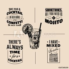 a set of four different types of alcoholic drinks with handwritten typograms