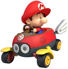 the mario kart is riding on wheels with a steering wheel and a red hat