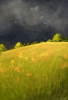 a painting of a grassy field with trees in the background