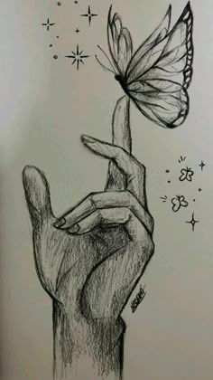 a drawing of a hand holding a butterfly