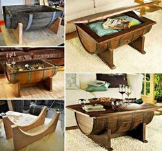 several pictures of an old wooden table with wine glasses and other things in it that are being turned into a coffee table