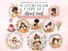 watercolor fairy set clipart pack with flowers and girls in floral wreaths on pink background