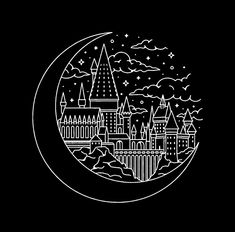 a black and white drawing of a castle in the night sky with stars on it