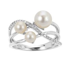 Make a statement with this unique PearLustre by Imperial multi freshwater cultured pearl and lab-created white sapphire ring. Make a statement with this unique PearLustre by Imperial multi freshwater cultured pearl and lab-created white sapphire ring.Click on this JEWELRY & WATCHES GUIDE to learn about fit, styles, materials and more! Width: 0.5 in Metal: sterling silver Plating: rhodium Finish: polished Packaging: boxed Nickel freeSTONE DETAILS Stone type: lab-created white sapphire Total weight: 1/8 ct. Shape: round Setting: paveCULTURED PEARL DETAILS Type: freshwater Size: 4-4.5 mm, 4.5-5 mm and 6.5-7 mm Shape: near round Color: white Gemstones may have been treated to enhance their appearance. Special care may be required. Please visit our Gemstone Treatment & Special Care Guide for mo White Pearl Rings With Diamond Accents, White Pearl Rings With Brilliant Cut, White Gemstones, Silver Pearl Ring, Pearl Details, White Sapphire Ring, Blue Stone Ring, White Sapphire, Blue Stone