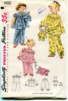 vintage - 1950's- original - size 4 - pj's and bunny doll sewing pattern ...complete - uncut ... just adorable set ... Girls Pajamas Pattern, Vintage Pajamas, Girls Pjs, Pajama Pattern, Toddler Pajamas, Motif Vintage