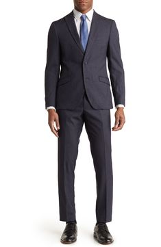 A windowpane pattern brings modern style to a sophisticated double button, peaked lapel jacket that is the perfect finishing touch for the included trousers. Top: 30" rise Bottom: 11" rise, 30" inseam (size 40R) 2-piece set Jacket: peaked lapels, double button closure, windowpane pattern, lined Trousers: zip fly, flat front Self: 76% polyester, 22% rayon, 2% spandex; Lining: 100% polyester Dry clean Imported Tailored Business Casual Suits With Double Button Closure, Double Breasted Notch Lapel Suit For Office, Double Breasted Suit With Notch Lapel For Office, Tailored Suits With Double Button Closure For Office, Double Breasted Suit For Business Casual, Modern Business Casual Suit With Hidden Buttons, Modern Flat Front Suits For Workwear, Suits With Welt Pockets In Suiting Fabric, Modern Office Suits With Notch Lapel