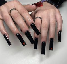 Black Emo Nails Ideas, Baddie Black Nails, Emo Acrylic Nails, Black Square Acrylic Nails, Black Nails Long, Long Nails Square, Bottom Nails, Red Bottom Nails