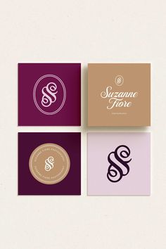 four square business cards with the letter s in different colors and font on one side