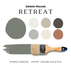 a paint brush with different shades of gray and brown on it, including the words'shewn williams's retreat whole house - paint color palette