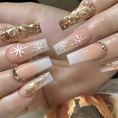 ** New ** Long Coffin 3d Nails Golden Glitter Snowflake Design With Rhinestones 1 Mini Nail File & Double Sided Adhesive Tape #481(2) Christmas Nails Acrylic, Blue Nail, New Year's Nails, Xmas Nails, Christmas Nail Designs, Christmas Nail Art, Gold Nails, Long Acrylic Nails, Cute Acrylic Nails