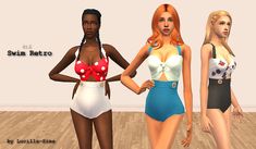 three women in swimsuits standing next to each other on a wooden floor with white walls