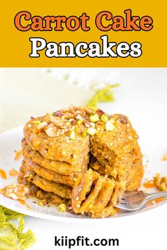 a stack of carrot cake pancakes on a white plate