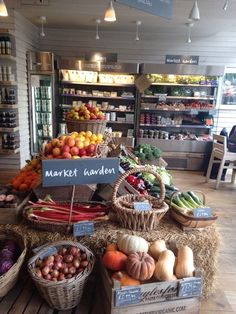 an assortment of fruits and vegetables on display in a grocery store