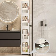 the bathroom is decorated in white and features a circular mirror above the cabinet with shelves