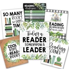 four books with green leaves on them and the words today reader, tomorrow leader, reading corner