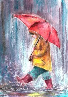 a painting of a person walking in the rain with an umbrella