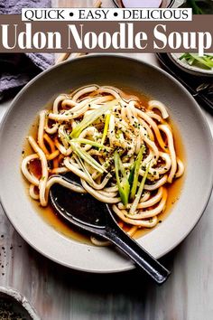 udon noodle soup in a white bowl with a black spoon on the side