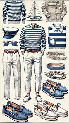 Nautical-Inspired Men's Outfit Gentleman Summer Outfit, Men Nautical Outfit, 1950s Preppy Style Men, Men’s Nautical Outfit, Mens Sailing Fashion, Men Boating Outfit, Vintage Sailor Outfit Men, Vintage Preppy Aesthetic Men, Nautical Style Mens