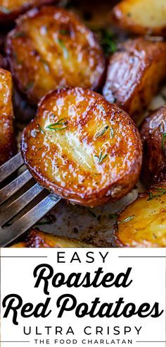 roasted red potatoes on a plate with a fork and text overlay that reads easy roasted red potatoes