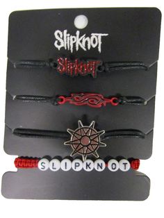 Slipknot Icon Cord Bracelet Set Looking for some new accessories to wear at your next Slipknot concert? All hope is not gone, we've got you covered with this cord bracelet set! Share with your fellow friends or rock 'em all on your arms. Features the band's logos and icons, plus "Slipknot" spelled out in beads. Set of 4 Acrylic; alloy; cord Adjustable Slipknot Outfit Ideas, Adjustable Punk Style Bracelets As A Gift, Adjustable Punk Style Bracelet For Gift, Slipknot Nonagram, Slipknot For Bracelets, Crochet Slipknot Band, Slipknot Kandi, Slipknot Beaded Bracelet, Emo Bracelets