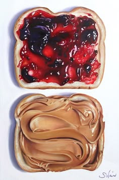 two pieces of bread with peanut butter and jelly on them