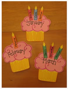 three cupcakes with candles on them that say january and the month of march